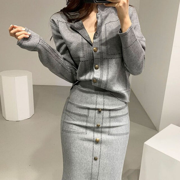 Denim Print Hip Skirt And Top Two Piece Set Long Sleeve Knitted Cardigan Women Korean Style Autumn Chic Office Lady Female Skir