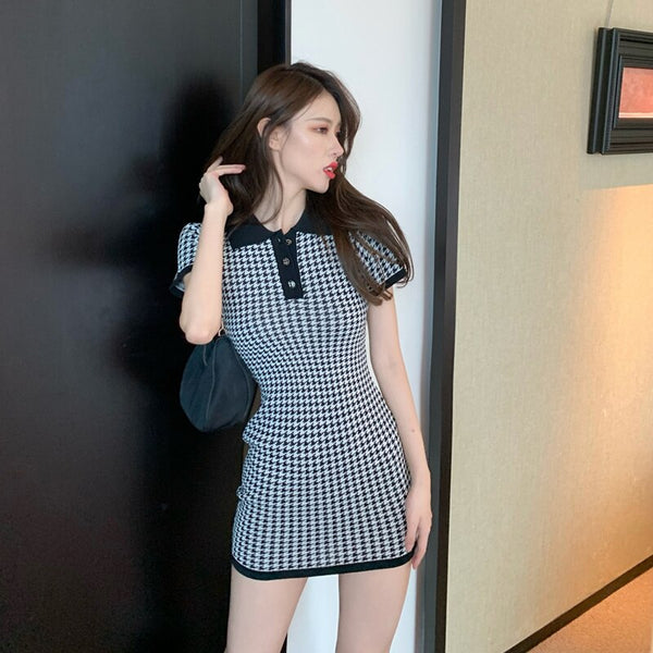 Summer Korean Polo Age Reduction Plaid Short Sleeve Knitted Dress, Feminine Foreign Style, Waist Closing, Sexy Hip Covering Skir