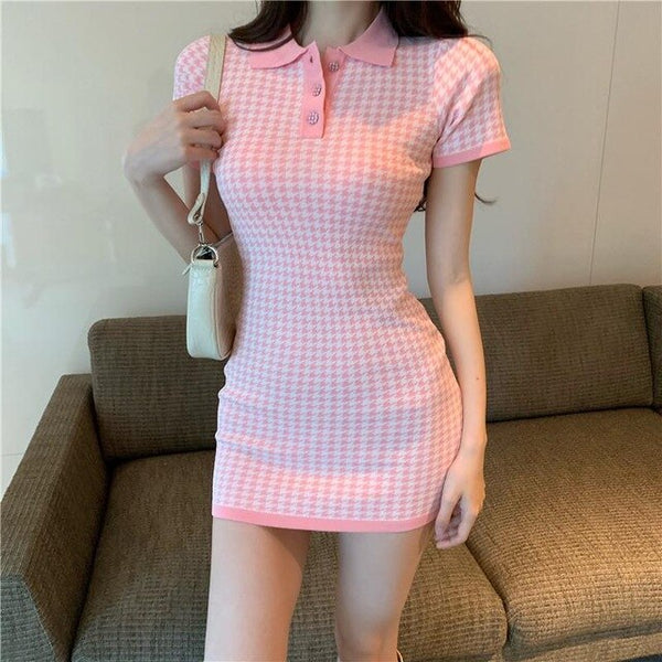 Summer Korean Polo Age Reduction Plaid Short Sleeve Knitted Dress, Feminine Foreign Style, Waist Closing, Sexy Hip Covering Skir