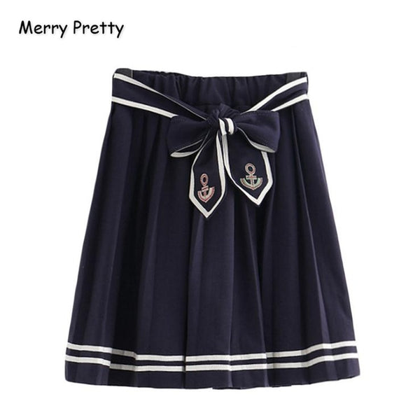 Merry Pretty Women's Cartoon Embroidery Navy Blue Pleated Skirts 2020 Elasticity Waist Lace Up Mini Skirts Sweet Girl Cute Skir