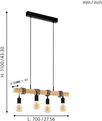 EGLO Townshend 95499 Wooden 6-Bulb Hanging Pendant Light E27, Steel and wood, Black, 110cm x 70cm x 5cm