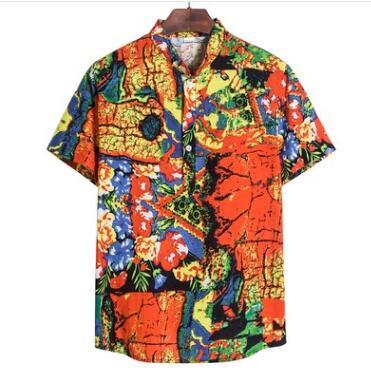 Summer Fashion Casual Men Baggy Beach Hawaiian Print Short Sleeve Button Retro Shirts Tops Blouse Men Shirt 2021 Summer New