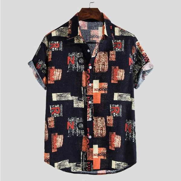 Summer Fashion Casual Men Baggy Beach Hawaiian Print Short Sleeve Button Retro Shirts Tops Blouse Men Shirt 2021 Summer New