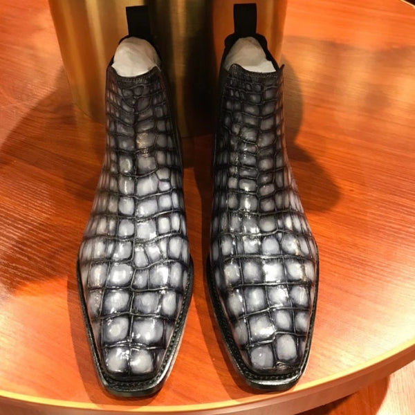 Goodyear Welted Dress Shoes Men's Classic Handcrafted Alligator Skin Chelsea Boots Hand Painted  Multicolor