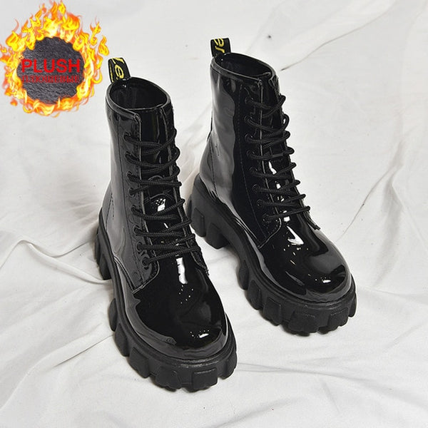 Winter Shoes Women Boots Round Toe Flats Black Leather Platform Boots for Woman Snow Boots Female Plush Botas Mujer Hembra