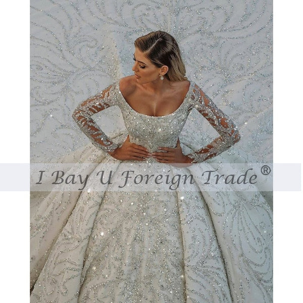 2021 Dubai Princess Luxury Wedding Dress with Full Beading Long Sleeve Stunning Black Brides Royal Wedding Gowns