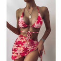 Sexy 3 Piece Bandage Swimsuit Women Froral Print Push Up Padded Biquini Brazilian Summer Bathing Suit Thong Bikini Swimwear Skir