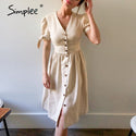 Simplee Sexy v-neck cotton women summer dress Elegant buttons puff sleeve female solid sundress Office work ladies midi dresses