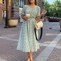 Simplee Women floral print dress Elegant women puff sleeve a line v neck sash dress High waist work wear office lady dress 2020