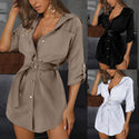 Women Autumn Long Sleeve Mini Dresses OL with Belt Casual Work Plain Shirt Tops Sexy Brief Elegant Casual Solid Dresses