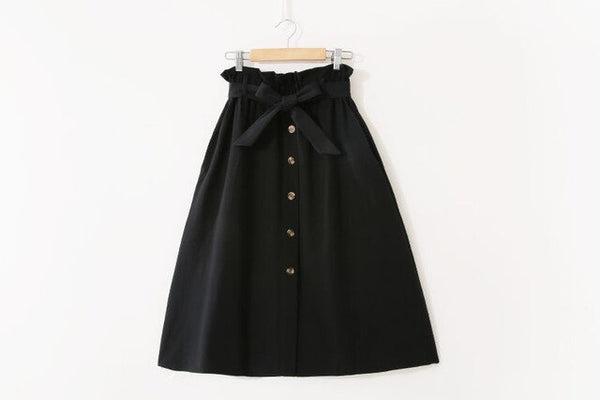 Women Casual Cotton Skirts 2021 Spring Summer Korean Style Solid Elegant High Waist Single-Breasted Bow Lace Up A-Line Midi Skir