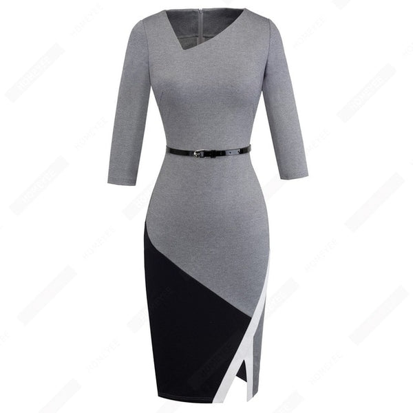 Women Formal Knee-Length Asymmetrical Neck Wear to Work Dresses Business Office Bodycon Elegant Pencil Dress EB290