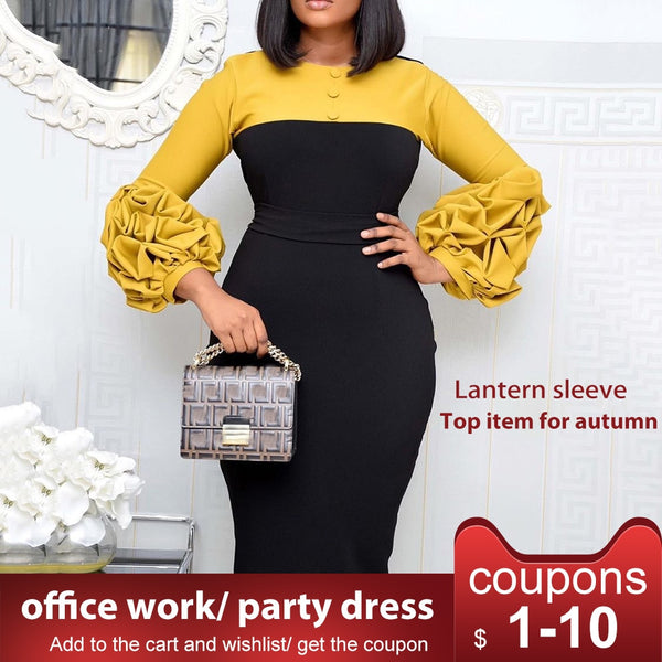 puff sleeve women patchwork dress autumn  bodycon dresses elegant office lady work midi dresses femme vestiods plus size 4xl