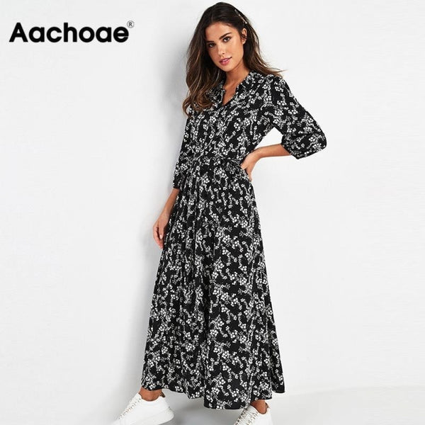 Aachoae Vintage Floral Print Maxi Dress Women Boho Three Quarter Sleeve Long Dress Turn Down Collar Casual Shirt Dresses Robe