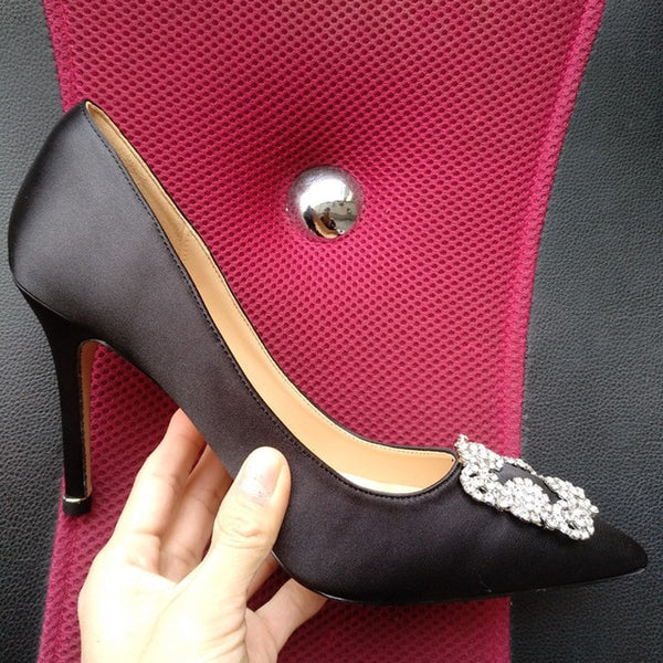 Black Satin Cloth Rhinestones High Heels Shoes Woman Pumps Basic 2021 Diamond Heels Work Shoes Fashion Party Sexy Women Shoes