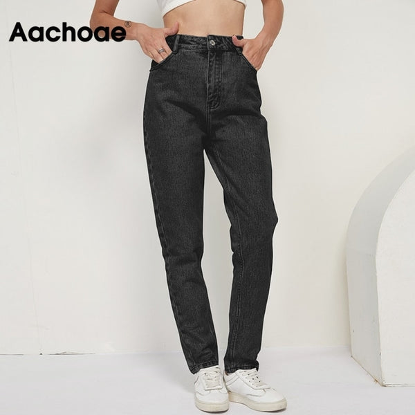 Aachoae 2020 Fashion 100% Cotton Mom Jeans Women High Waist Solid Pockets Cowboy Pants Zipper Fly Long Denim Pencil Trousers