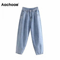 Aachoae Women Blue Harem Jeans Loose mom Jeans High Waist Streetwear Boyfriends Washed Denim Long Trousers Bottoms Slouchy Jeans