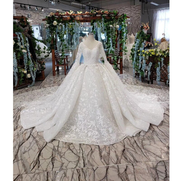 BGW HT42217 White Wedding Dresses With Wedding Sleeve Shawl V-neck Appliques Ball Gown Lace Wedding Gowns 2020 Suknia Slubna