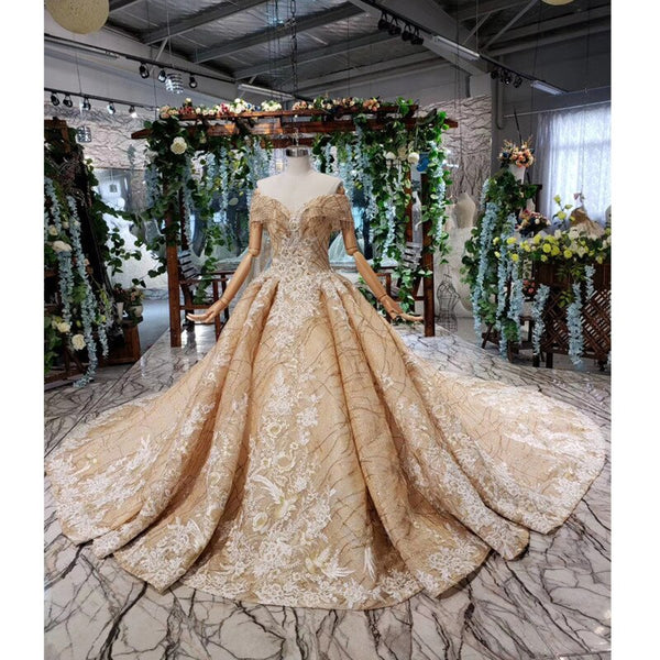BGW HT42213 Champagne Wedding Dresses With Golden Lace Tassel Off The Shoulder Appliques Bridal Wedding Gowns Vestidos De Novia