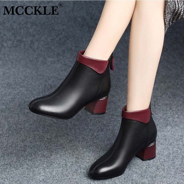 Women Ankle Boots Pumps Shoes Winter Autumn Ladies Plush Warm High Heels PU Leather Fashion Pointed Toe Zip Short Female Shoe