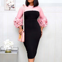 puff sleeve women patchwork dress autumn  bodycon dresses elegant office lady work midi dresses femme vestiods plus size 4xl