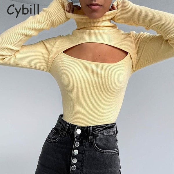 Cybill Ribber Knitted Turtleneck Top Women Hollow Out Casual Long Sleeve T Shirt Skinny Autumn Winter Slim Tee Lady Clothing