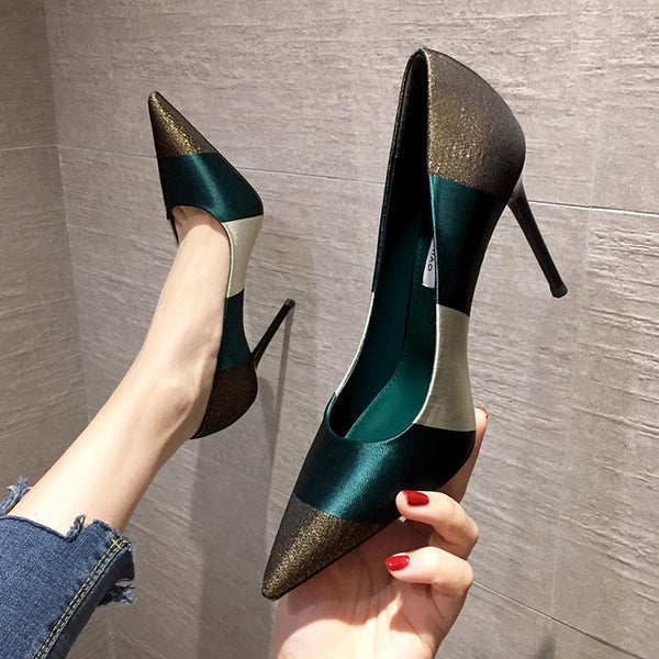 2021 Spring Fashion Sexy High Heels,Women Pumps,Pointed toe,Office Lady Working Shoes,French Style,Female Footware,Black,GREEN