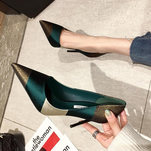 2021 Spring Fashion Sexy High Heels,Women Pumps,Pointed toe,Office Lady Working Shoes,French Style,Female Footware,Black,GREEN