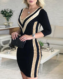 New Women Elegant Work Wear Slim Fit Mini Casual Dress V-Neck Colorblock Contrast Color Striped Sequins Bodycon Dress