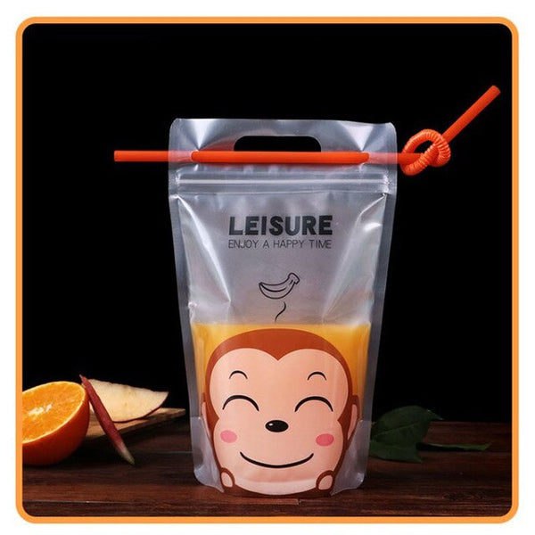 1000pcs Colorful Cute Cartoon Plastic Beverage Bag DIY Drink Container Drinking Juice Food Storage Bag with Handle