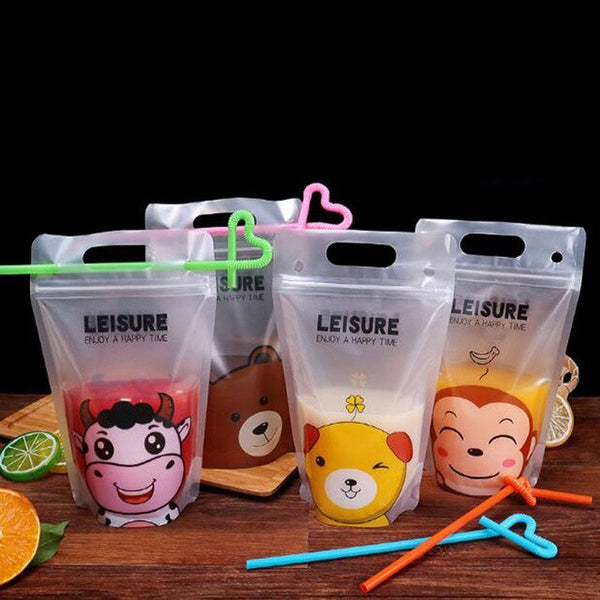 1000pcs Colorful Cute Cartoon Plastic Beverage Bag DIY Drink Container Drinking Juice Food Storage Bag with Handle