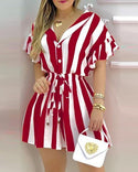 Striped Colorblock Ruffles Shirt Dress Women Short Sleeve V Neck Mini Work Dress