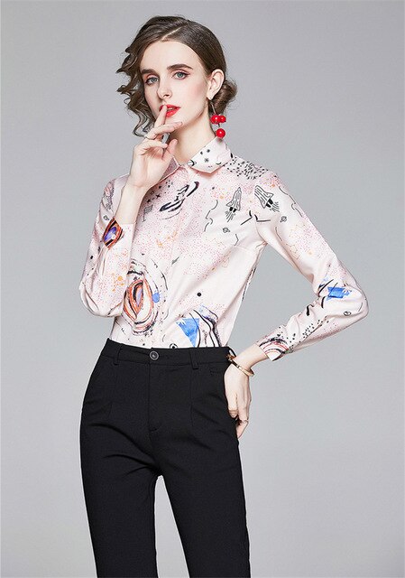 Women Slim Blouses Tops 2021 Summer Baroque Print Runway Long Sleeve Shirt Ladies Collar Elegant Vintage Office Shirts work wear