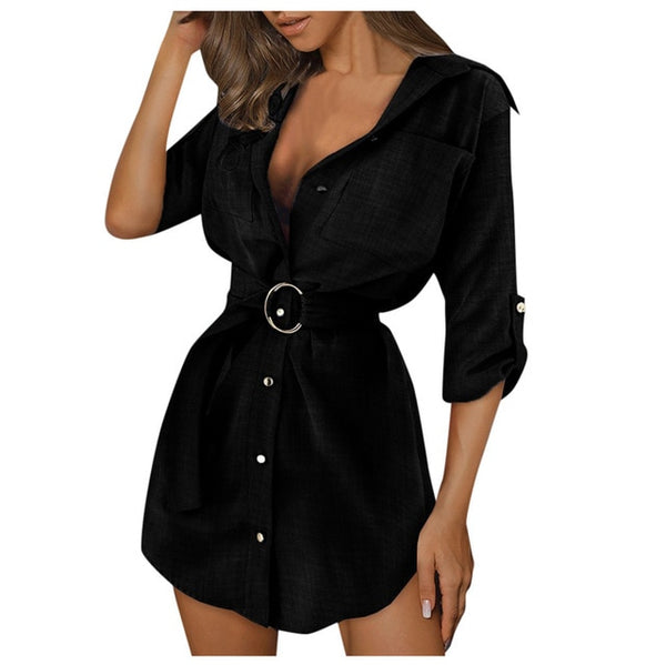 2021 New Fashion V-neck Shirt Dress Women Autum Long Sleeve Mini Dress Ol Belt Casual Work Plain Shirt Blouse Tops Женские Юбки