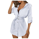 2021 New Fashion V-neck Shirt Dress Women Autum Long Sleeve Mini Dress Ol Belt Casual Work Plain Shirt Blouse Tops Женские Юбки