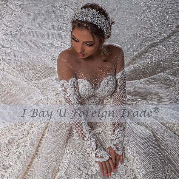 2021 Princess Luxury Lace Wedding Dress Full Crystal Pearl Beading Long Sleeve Puffy Bridal Gowns Vestidos De Novia
