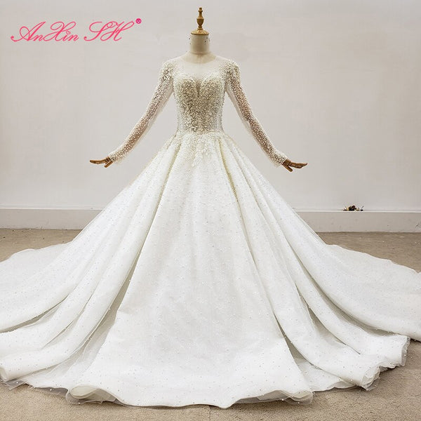 AnXin SH luxury princess beading pearls illusion handmade o neck illusion long sleeve white lace wedding dress 100% real photo