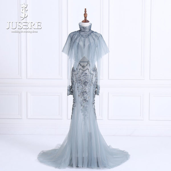 JUSERE Elegant Long Evening Dress With Shawl Lace Appliques Beaded See Through Mermaid Formal Party Dresses 2018 Robe De Soiree