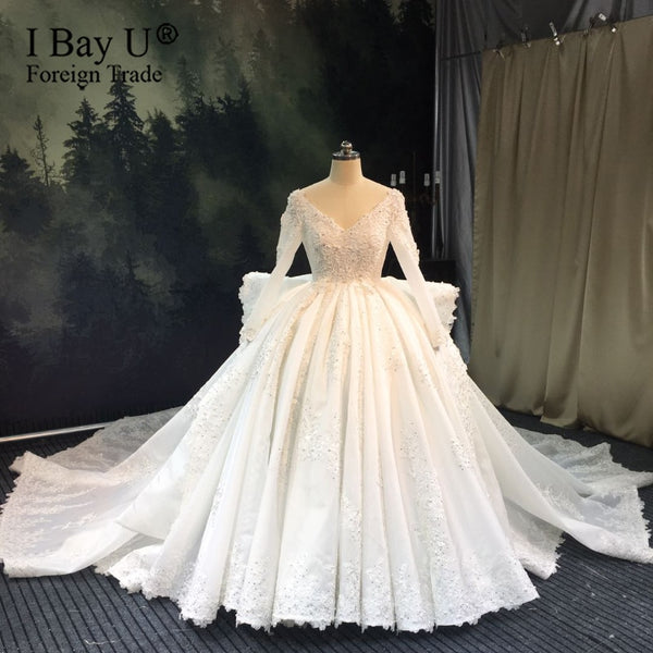 Real Work Luxury Beading Wedding Dress Long Sleeve V Neck Long Train 2020 New Stunning Bridal Dress novias
