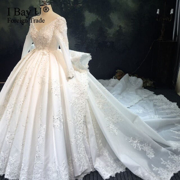 Real Work Luxury Beading Wedding Dress Long Sleeve V Neck Long Train 2020 New Stunning Bridal Dress novias
