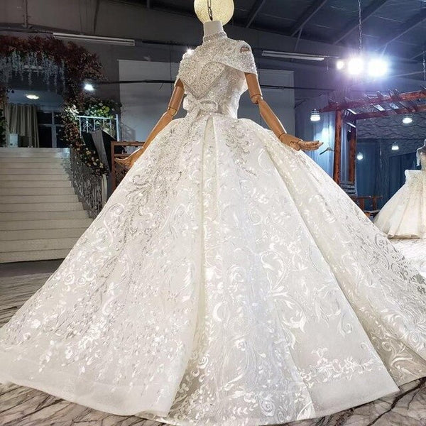 Novias 2021 Brand High Quality Gold Wedding Dress Real Work High Neck Bridal Gown Dubai Wedding Dresses Not With Veil