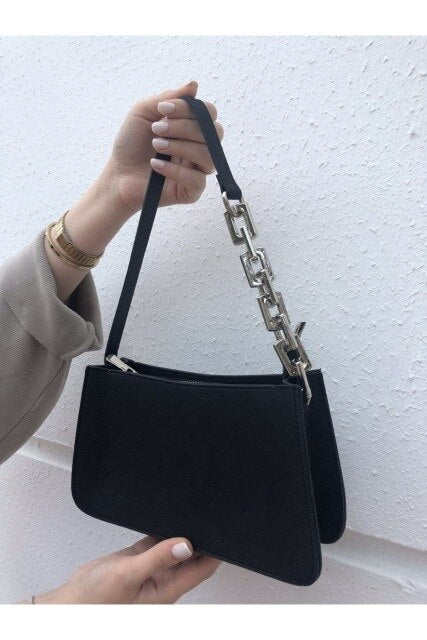 Women's Handbag Women 'S Accessory Black Chain Detail Baguette Bag New Model 2021 Casual Daily Use High Quality Leather Bag