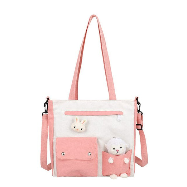 New women's shoulder bag casual stitching double pockets large capacity student handbag lamb accessories canvas messenger bag