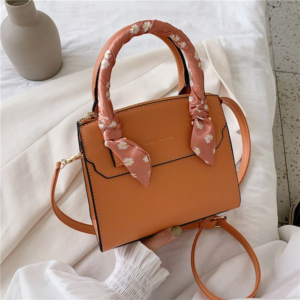 Fashion solid color PU leather silk scarf accessories women's handbag purses and handbags hand bags women 2021 sac femme
