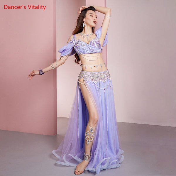 Belly Dance Suit Diamond-Studdedn Bra Split Long Skir Performance Clothes Set Female Adult High-End Top Competition Clothing