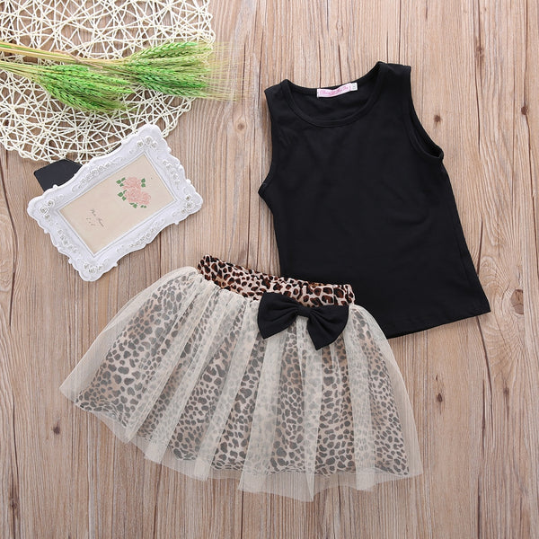 Emmababy Toddler Baby Girl Clothes Sleeveless Round Collar Tops Leopard Lace Tutu Skir 2Pcs Outfits Baby Girl Clothes 0-5 Years