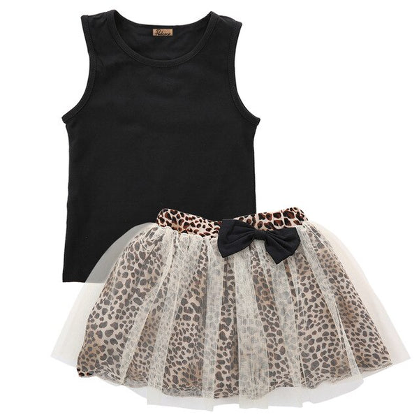 Emmababy Toddler Baby Girl Clothes Sleeveless Round Collar Tops Leopard Lace Tutu Skir 2Pcs Outfits Baby Girl Clothes 0-5 Years