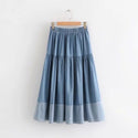 Solid Color Long Skirt High Waist Female Big Hem Casual Jean Skir Fashion Preppy Style Denim Tencel Midi Pleated Skirt Women