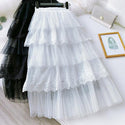 Tulle Long Skirs For Women Cake-Layers Drape Lace Frill Ruffle Hem Skirt Fluffy Loose Pleated Maxi Skirts Black White Skirt