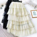 Tulle Long Skirs For Women Cake-Layers Drape Lace Frill Ruffle Hem Skirt Fluffy Loose Pleated Maxi Skirts Black White Skirt